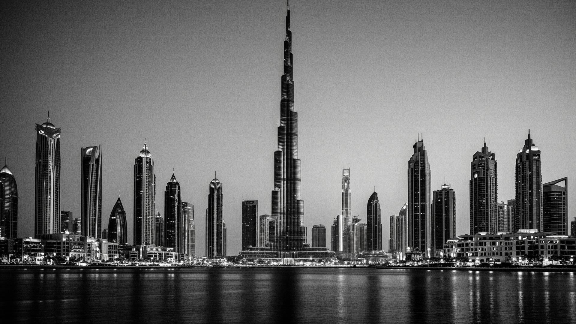 Black and white Dubai skyline at dusk